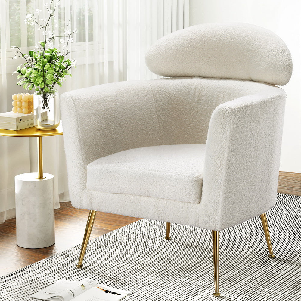 Boucle Accent Chair Modern Scandinavian Style Armchair - White & Gold - Homecoze