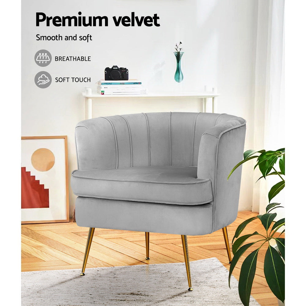 Classic Retro Tub Velvet Accent Armchair - Grey Homecoze