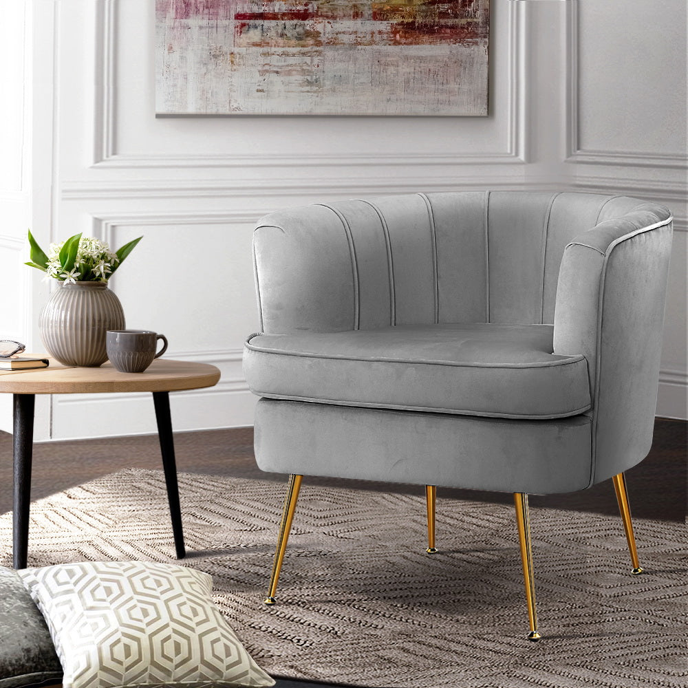 Classic Retro Tub Velvet Accent Armchair - Grey Homecoze