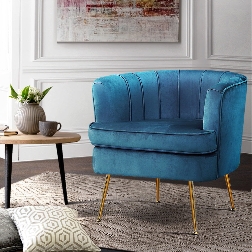 Classic Retro Tub Velvet Accent Armchair - Blue Homecoze