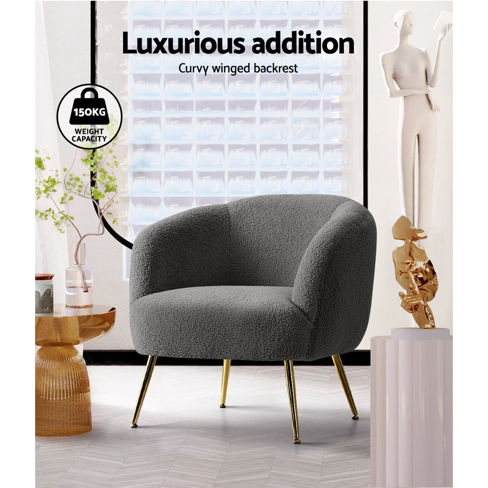 Ultra-Modern Curved Mid Back Sherpa Boucle Fabric Accent Armchair - Charcoal Homecoze