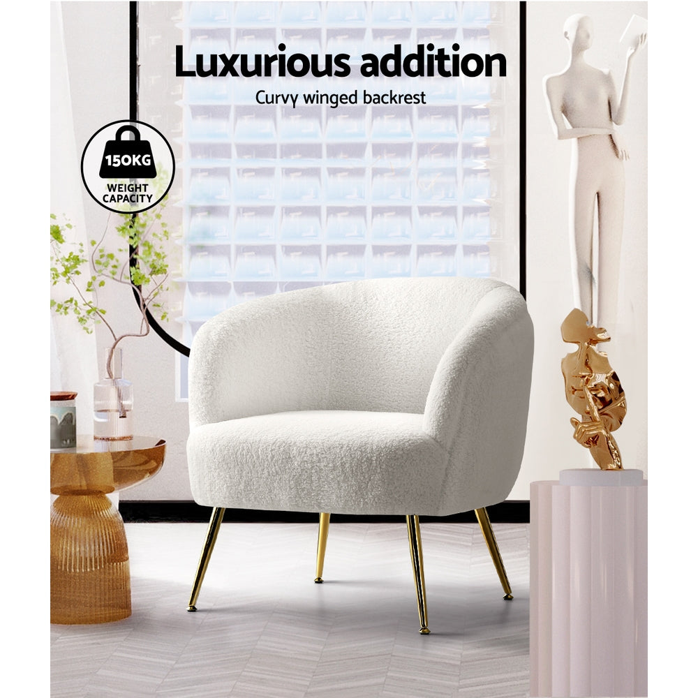 Ultra-Modern Curved Mid Back Sherpa Boucle Fabric Accent Armchair - White Homecoze