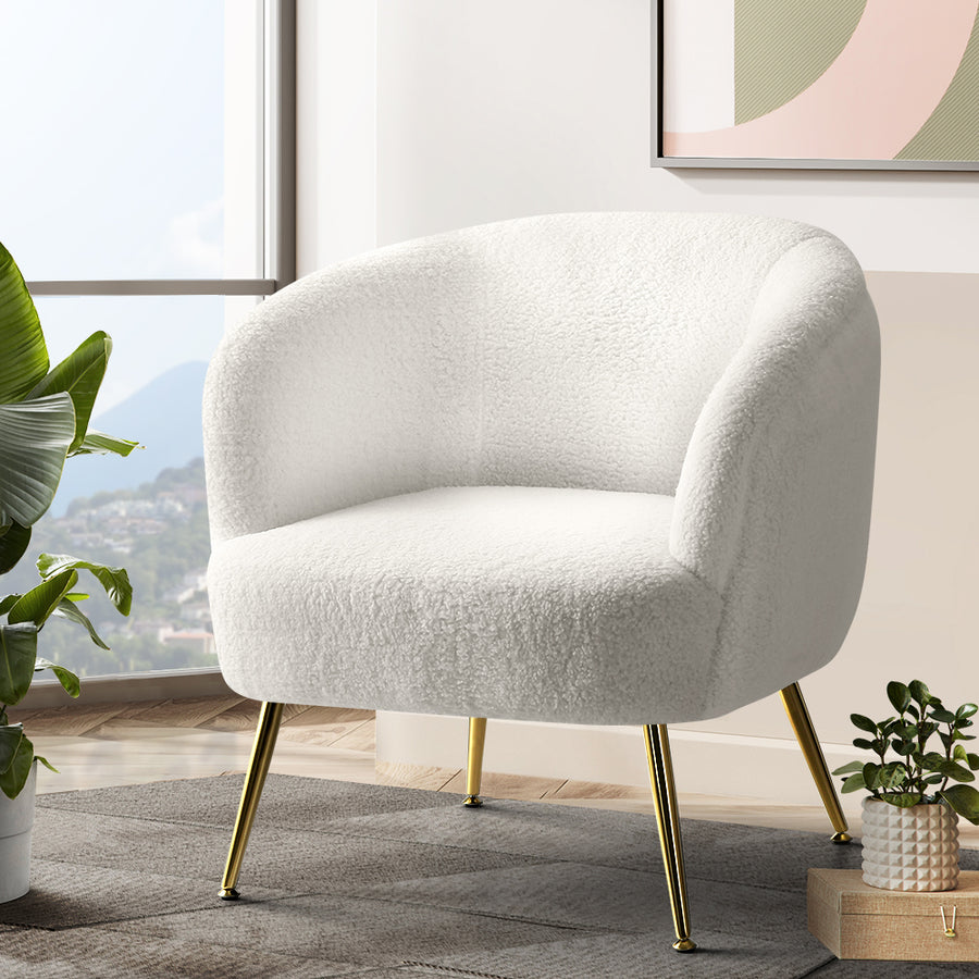 Ultra-Modern Curved Mid Back Sherpa Boucle Fabric Accent Armchair - White Homecoze