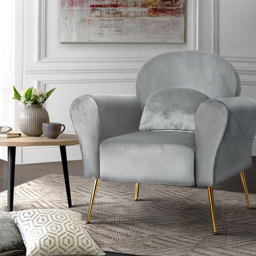 Classic Retro Velvet Accent Armchair - Grey Homecoze