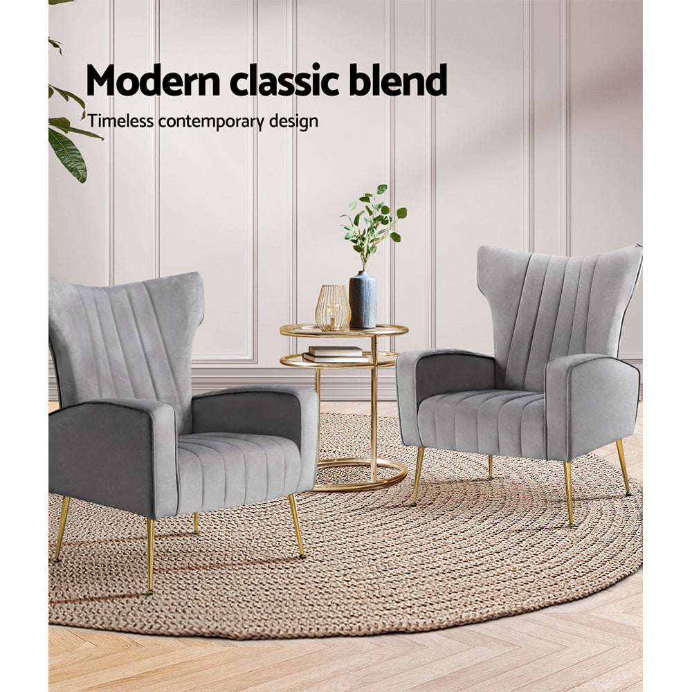 Classic Retro High Back Velvet Accent Armchair - Grey Homecoze
