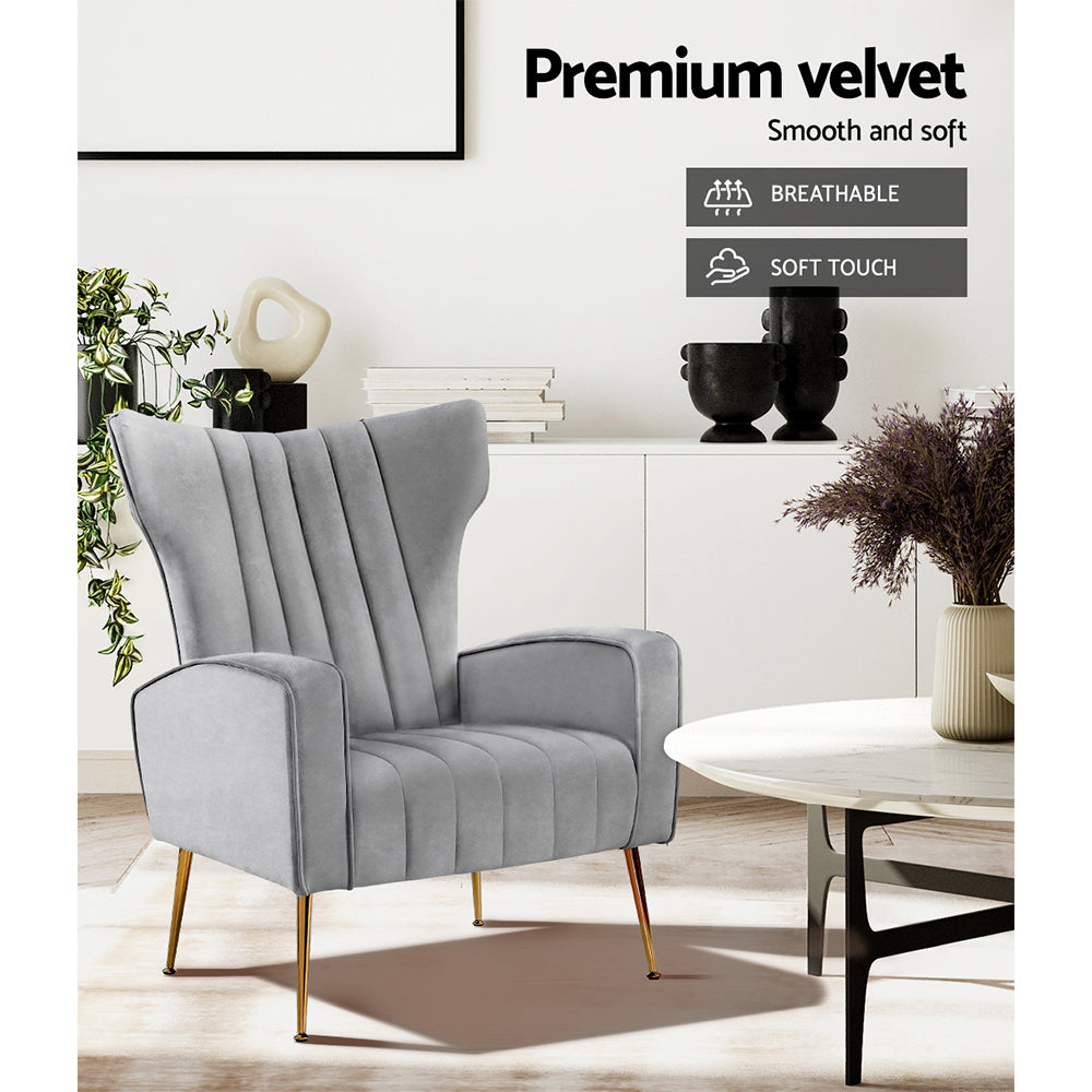 Classic Retro High Back Velvet Accent Armchair - Grey Homecoze