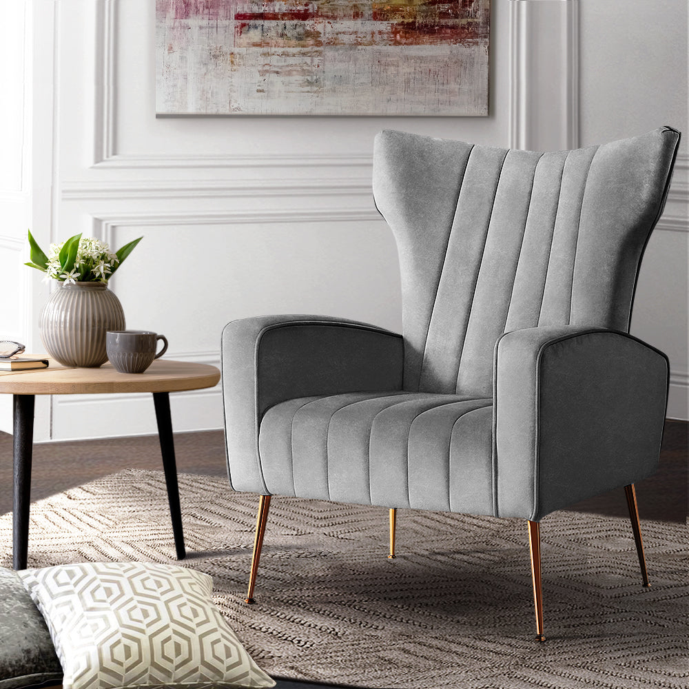 Classic Retro High Back Velvet Accent Armchair - Grey Homecoze