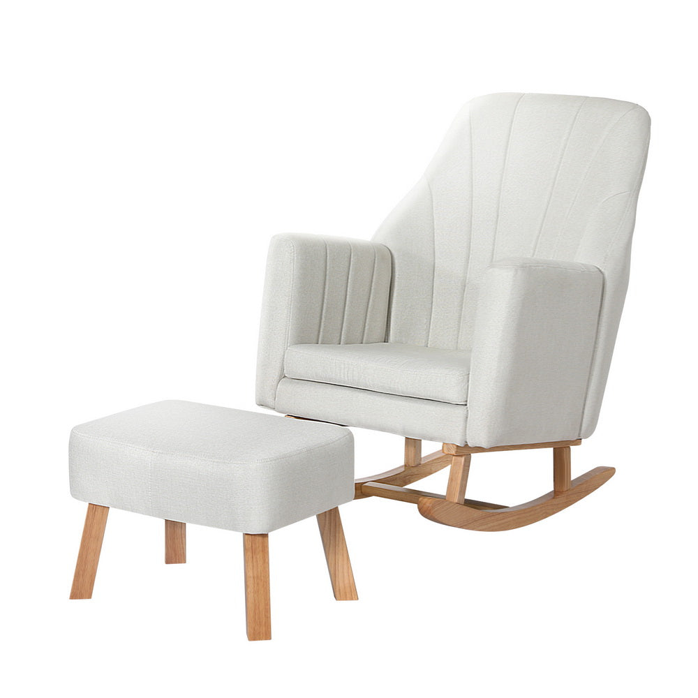 Modern Rocking Chair Low Set Linen Fabric Armchair with Footstool - Beige - Homecoze