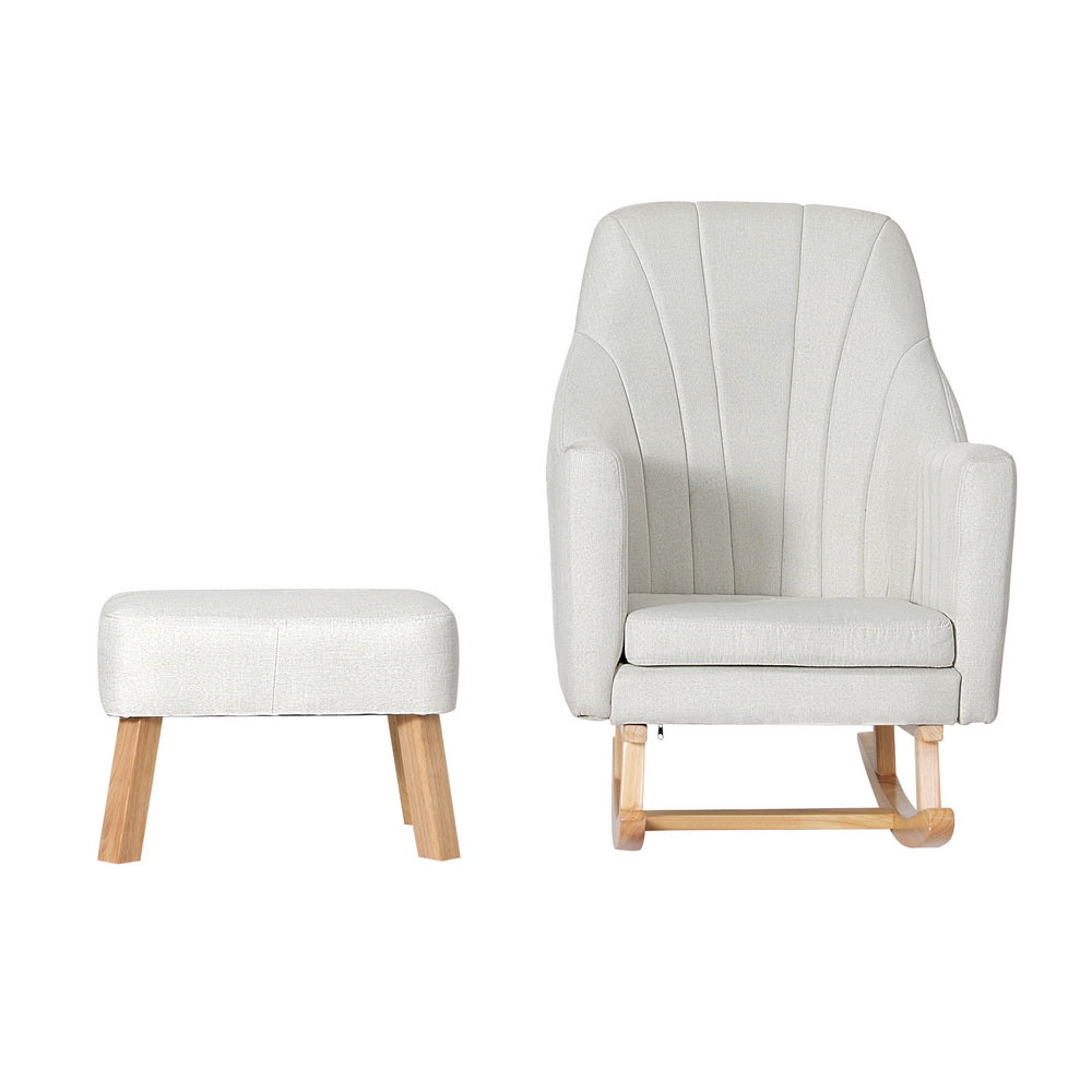Modern Rocking Chair Low Set Linen Fabric Armchair with Footstool - Beige - Homecoze