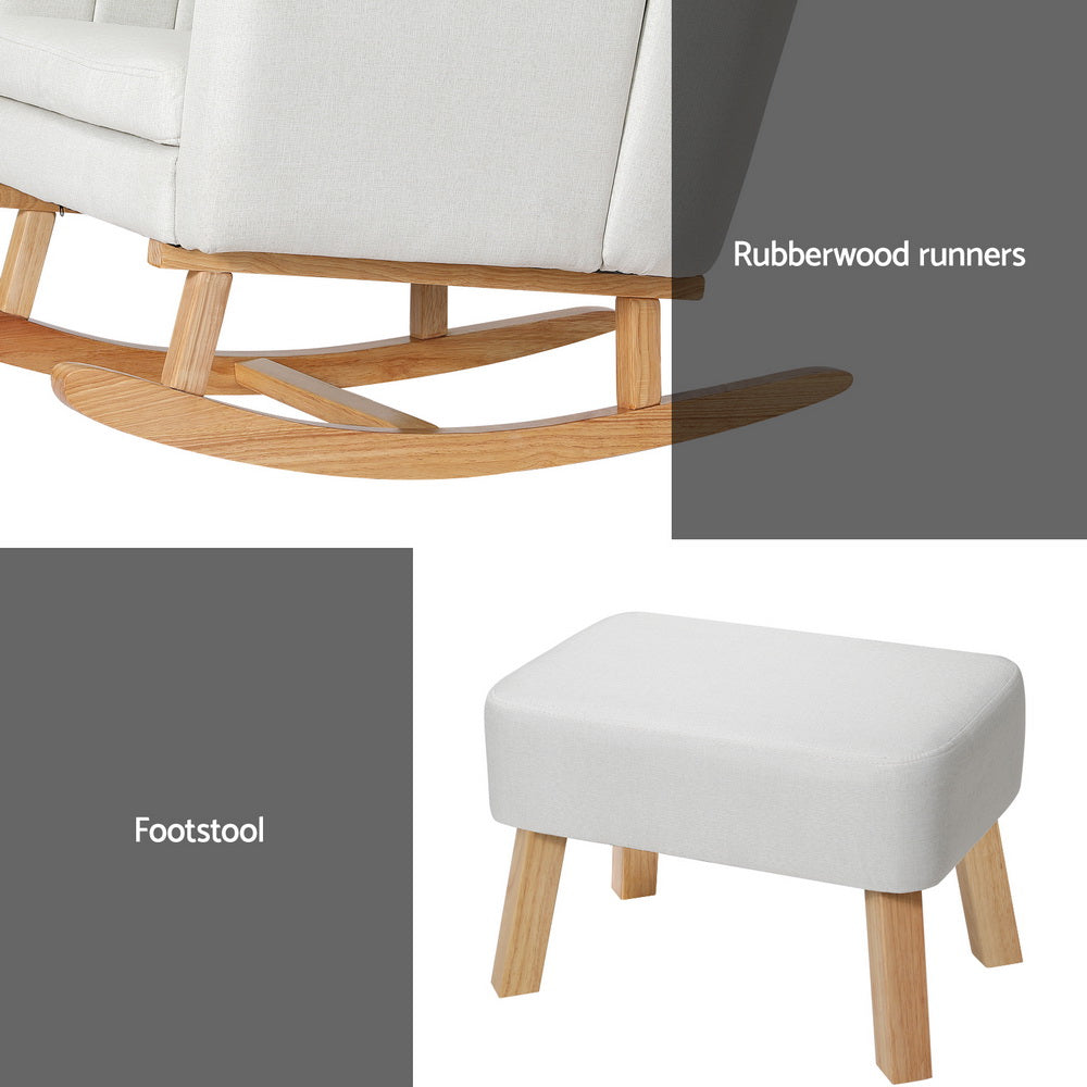 Modern Rocking Chair Low Set Linen Fabric Armchair with Footstool - Beige - Homecoze