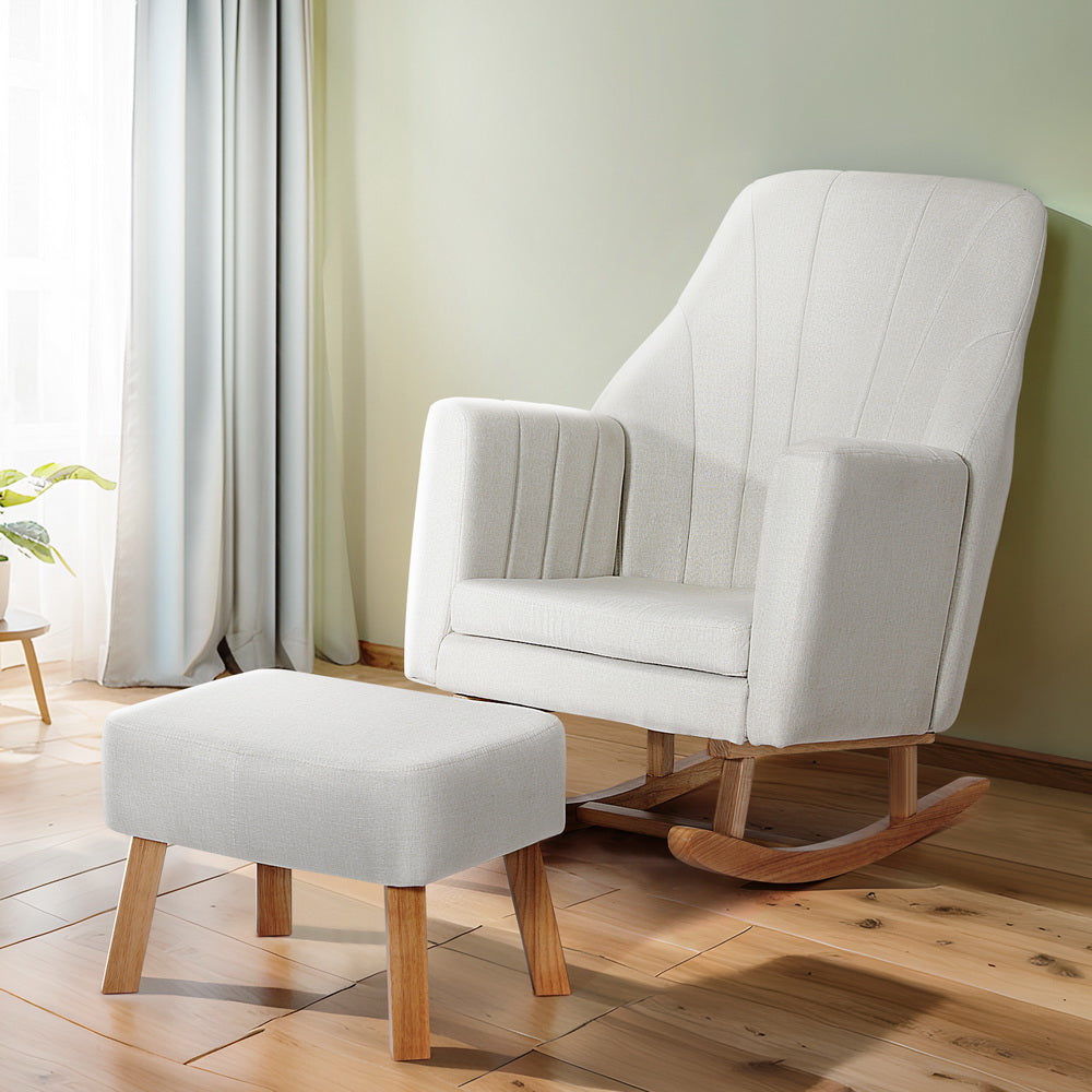 Modern Rocking Chair Low Set Linen Fabric Armchair with Footstool - Beige - Homecoze