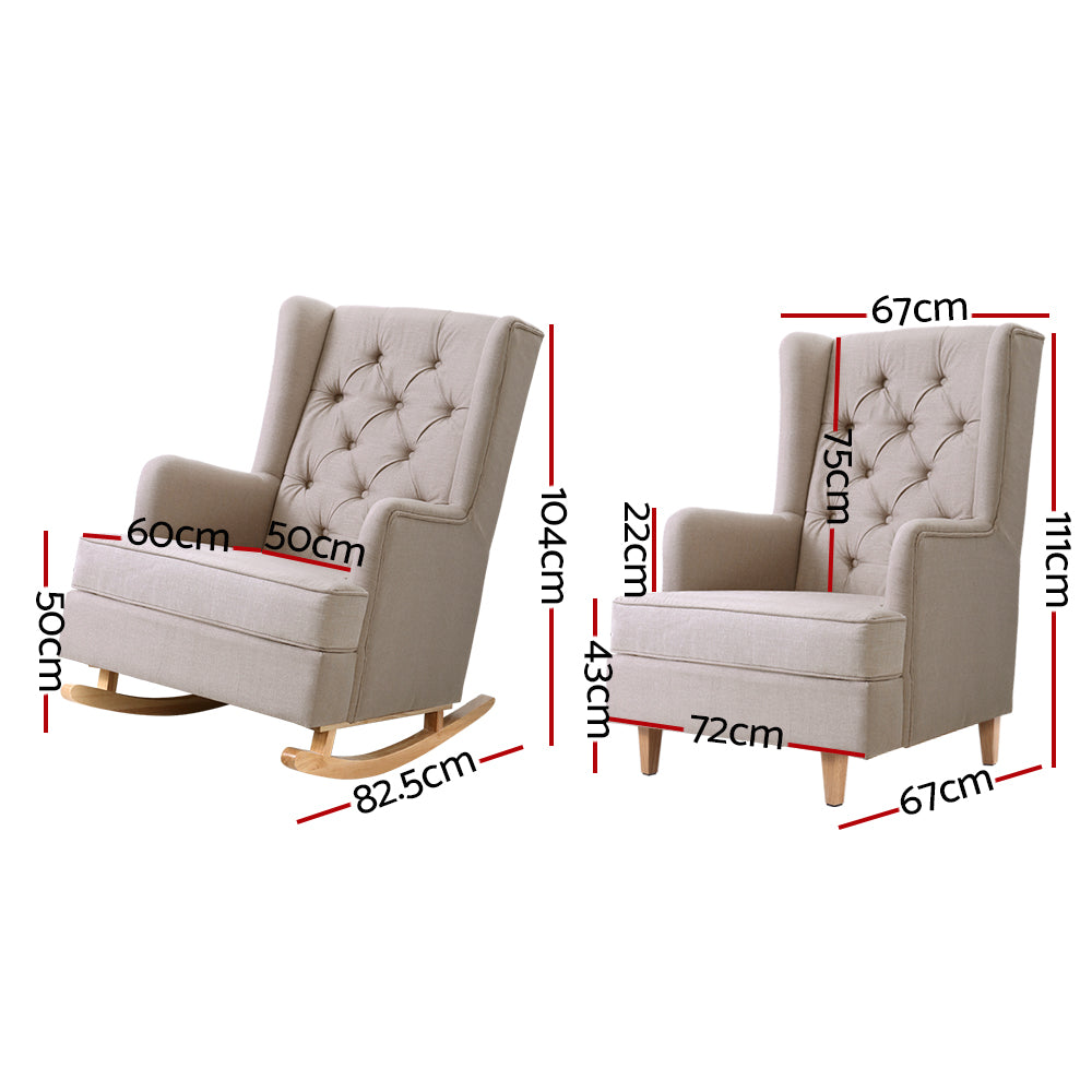 Convertible Rocking or Stationary Armchair Chair - Beige Fabric Homecoze