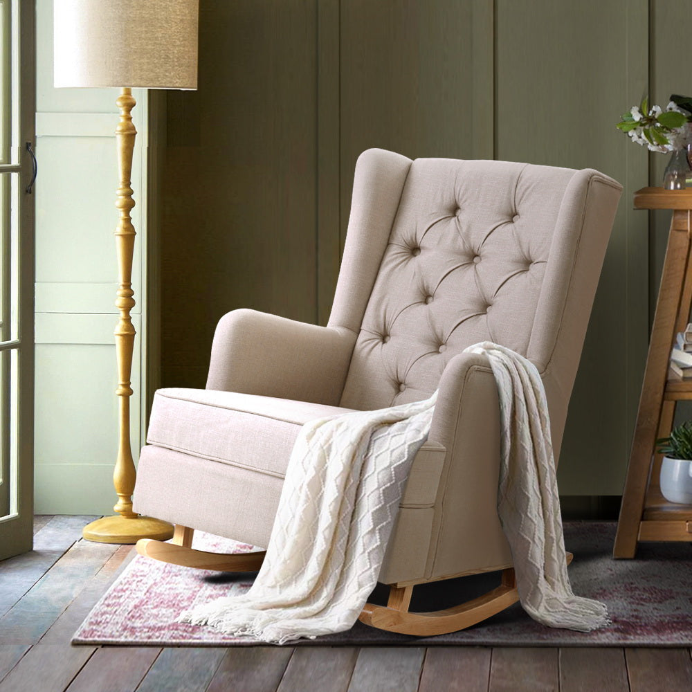 Convertible Rocking or Stationary Armchair Chair - Beige Fabric Homecoze