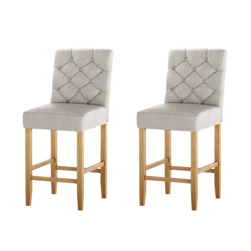 Set of 2 Tufted Button Kitchen Bar Stools Wood with Soft Linen Fabric - Beige Homecoze