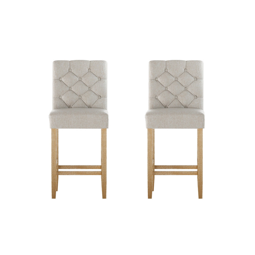 Set of 2 Tufted Button Kitchen Bar Stools Wood with Soft Linen Fabric - Beige Homecoze