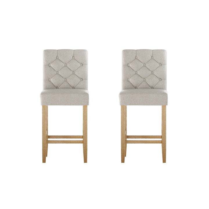 Set of 2 Tufted Button Kitchen Bar Stools Wood with Soft Linen Fabric - Beige Homecoze