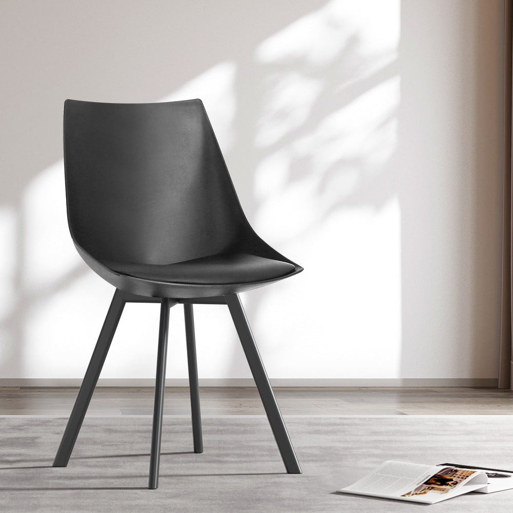 Set of 2 Café Dining Chairs Steel Leg PU Leather Padded Seat - Black Homecoze