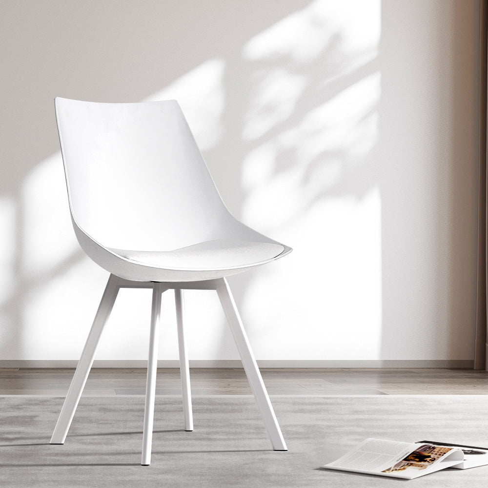 Set of 2 Café Dining Chairs Steel Leg PU Leather Padded Seat - White Homecoze