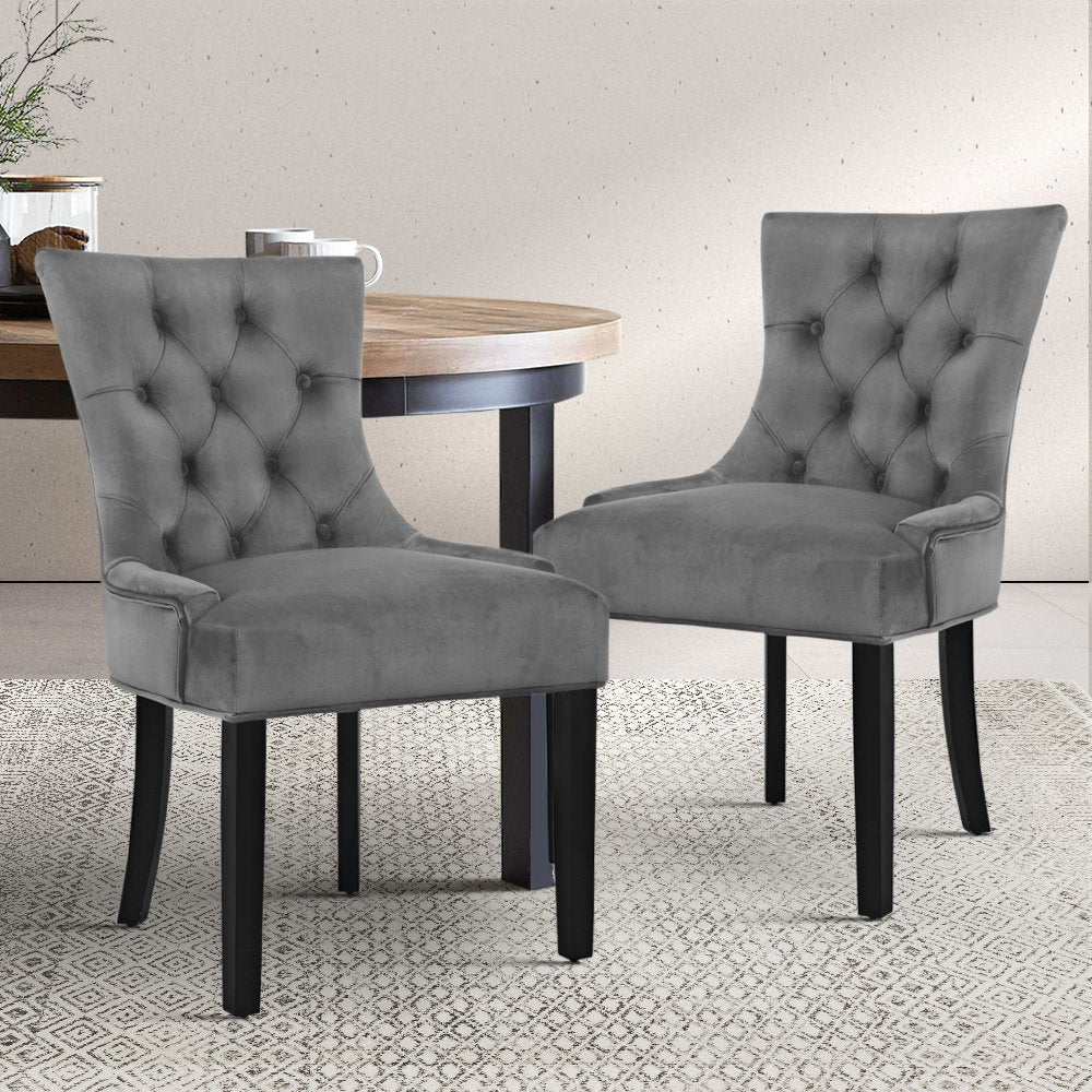 Set of 2 French Provincial Retro Dining Chairs Wood & Velvet Fabric - Grey Homecoze