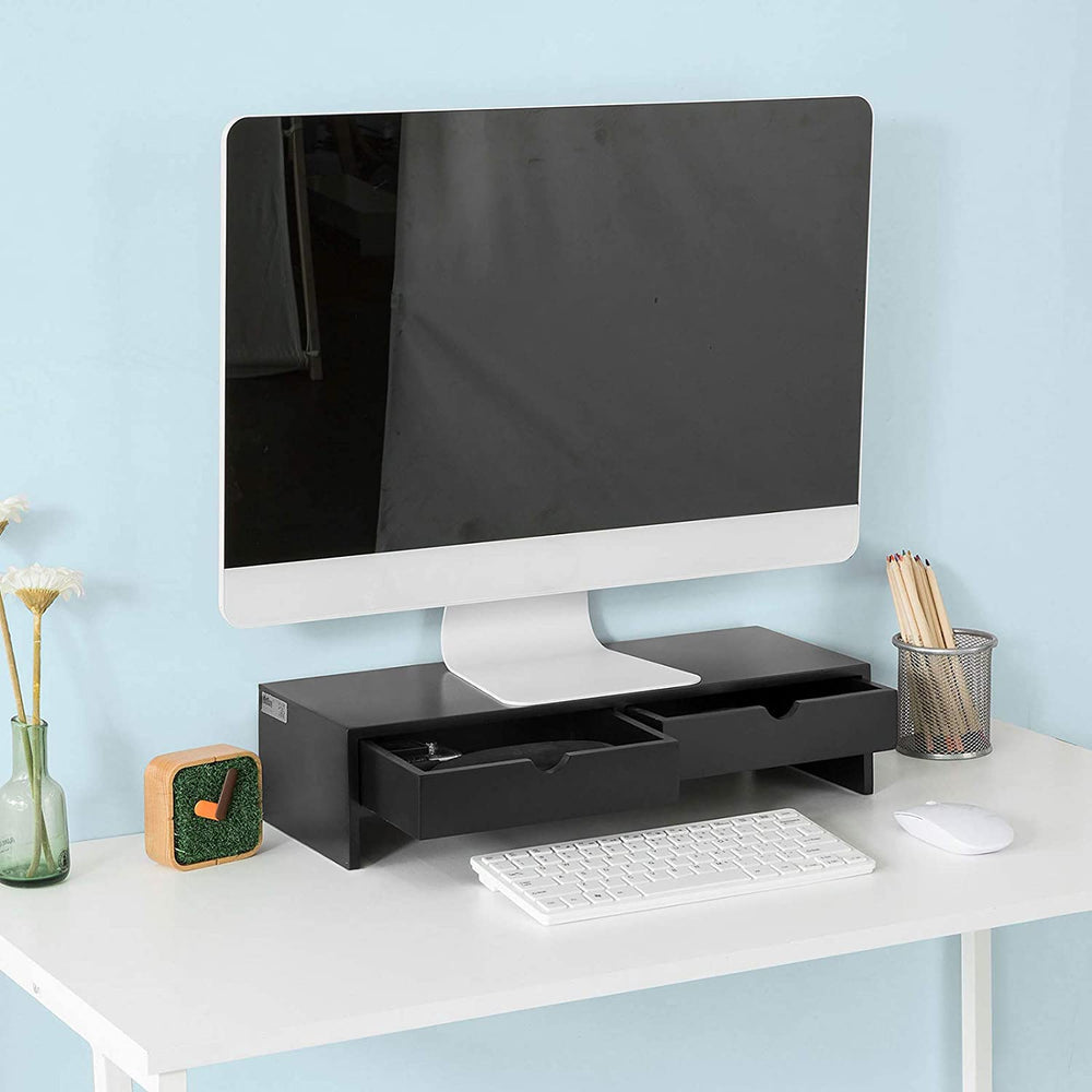 Black Monitor Stand Desk Organizer with 2 Drawers Homecoze