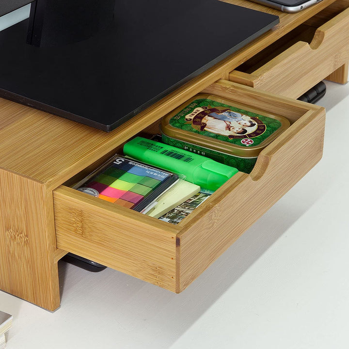 Bamboo Monitor Stand Desk Organizer with 2 Drawers Homecoze