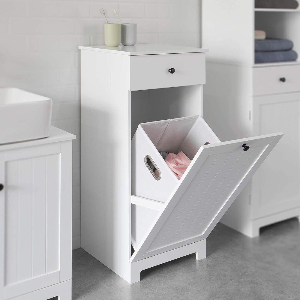 White Bathroom Cabinet with Laundry Basket Hamper and Drawer Homecoze