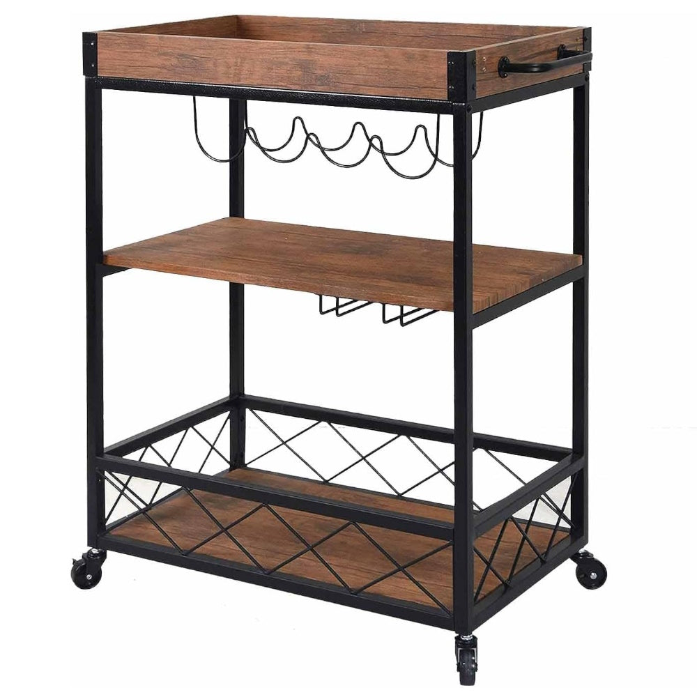 3 Tier Kitchen Serving Trolley with Wine Bottle & Glass Racks - Walnut