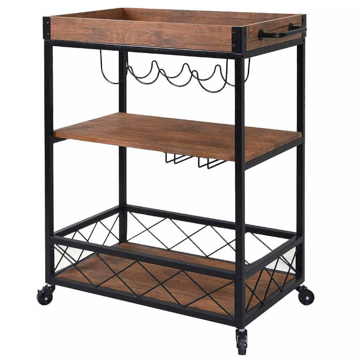 3 Tier Kitchen Serving Trolley with Wine Bottle & Glass Racks - Walnut