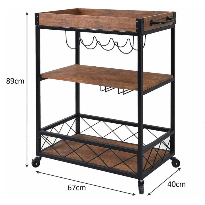 3 Tier Kitchen Serving Trolley with Wine Bottle & Glass Racks - Walnut