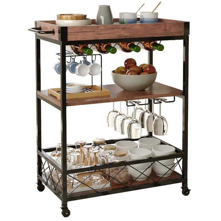 3 Tier Kitchen Serving Trolley with Wine Bottle & Glass Racks - Walnut