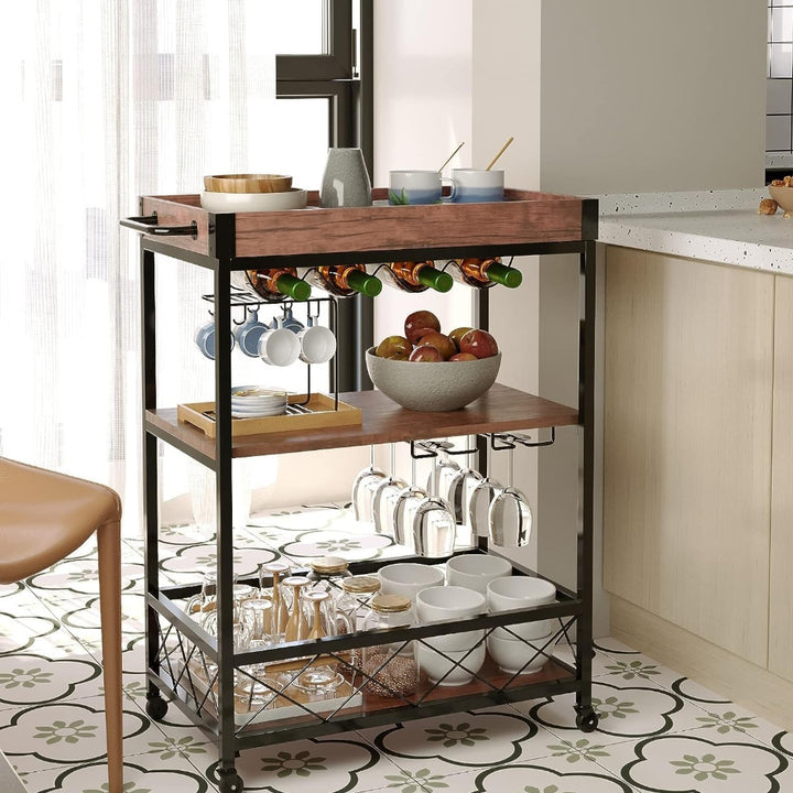 3 Tier Kitchen Serving Trolley with Wine Bottle & Glass Racks - Walnut