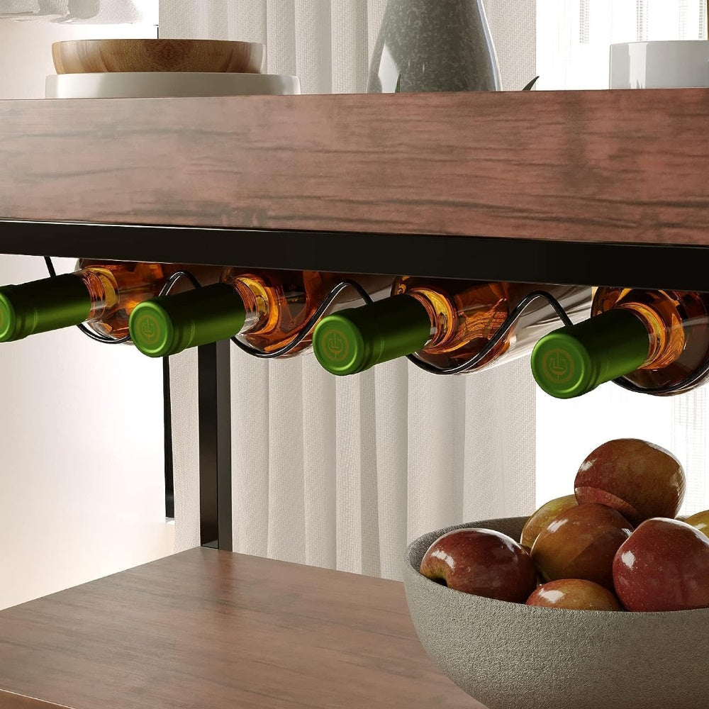 3 Tier Kitchen Serving Trolley with Wine Bottle & Glass Racks - Walnut