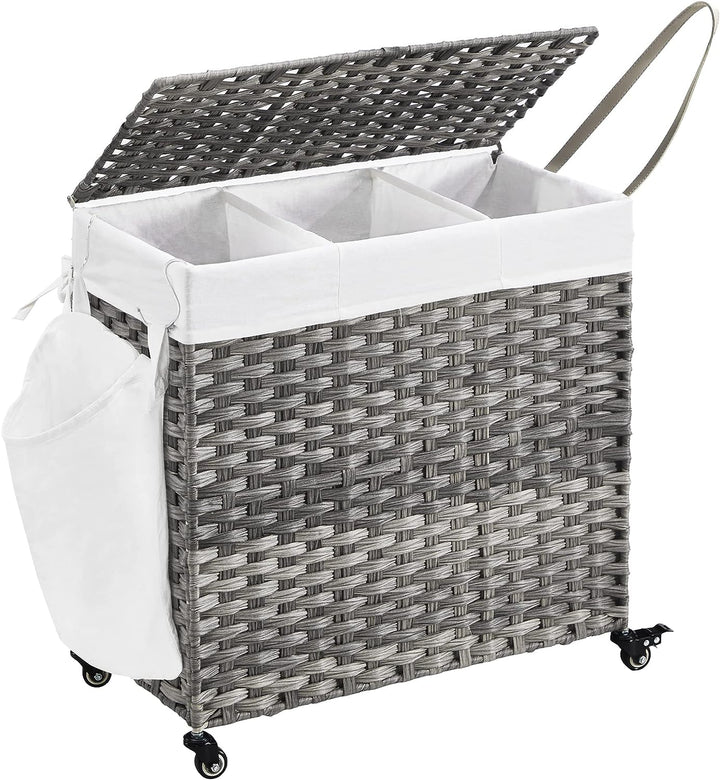 Laundry Hamper Clothes Basket Plastic Woven Rattan 140L with Wheels - Grey