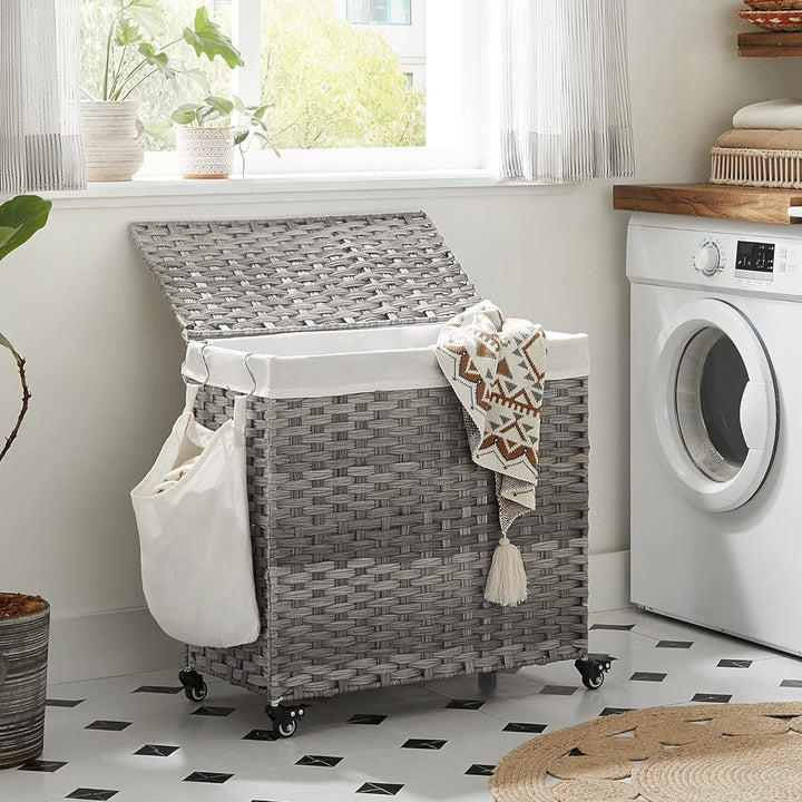 Laundry Hamper Clothes Basket Plastic Woven Rattan 140L with Wheels - Grey