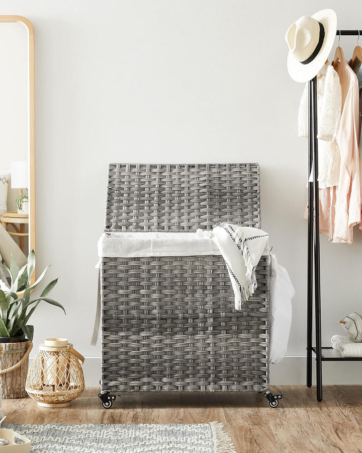 Laundry Hamper Clothes Basket Plastic Woven Rattan 140L with Wheels - Grey