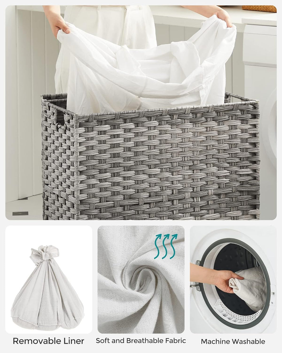 Laundry Hamper Clothes Basket Plastic Woven Rattan 140L with Wheels - Grey