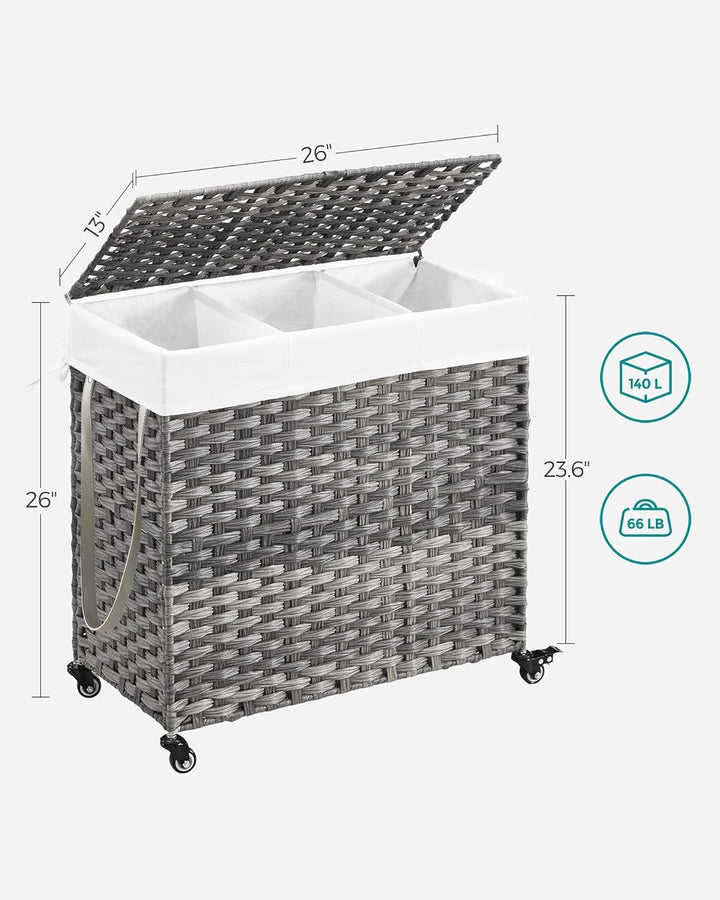 Laundry Hamper Clothes Basket Plastic Woven Rattan 140L with Wheels - Grey