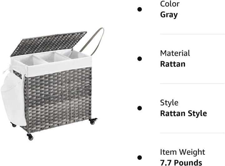 Laundry Hamper Clothes Basket Plastic Woven Rattan 140L with Wheels - Grey