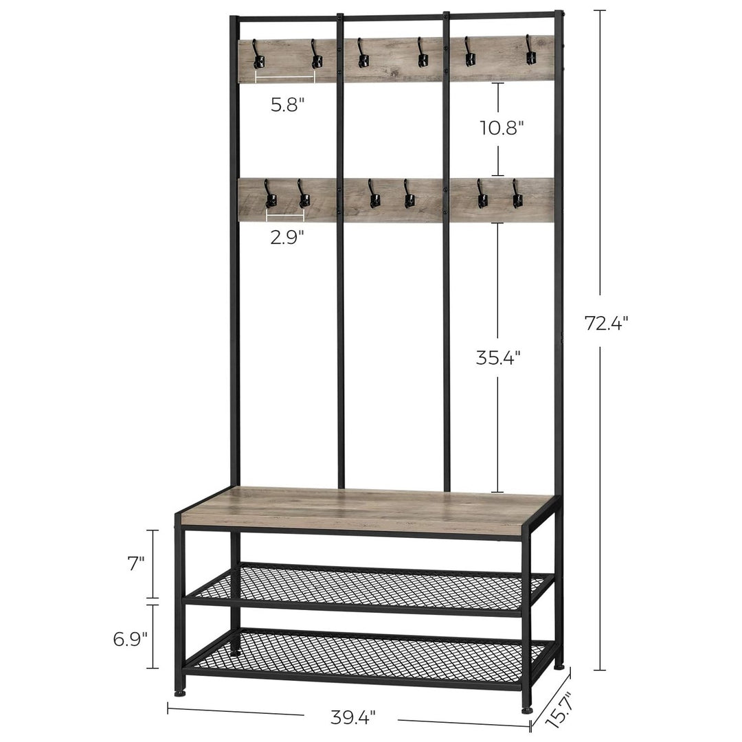 Greige Rustic Large Coat Rack with Shoe Bench