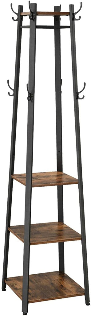 Modern Rustic Series Vintage Style Coat Rack 4 Corner Stand with Shelves Rustic Brown Homecoze