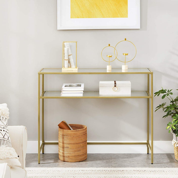 Modern Gold Frame 2 Tier Storage Console Table with Tempered Glass Top 100cm Homecoze