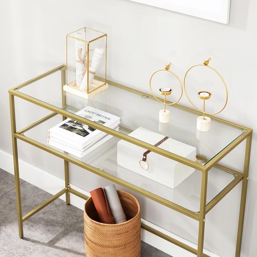 Modern Gold Frame 2 Tier Storage Console Table with Tempered Glass Top 100cm Homecoze
