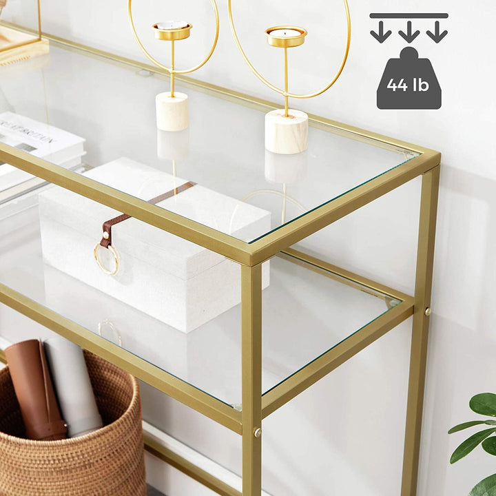 Modern Gold Frame 2 Tier Storage Console Table with Tempered Glass Top 100cm Homecoze