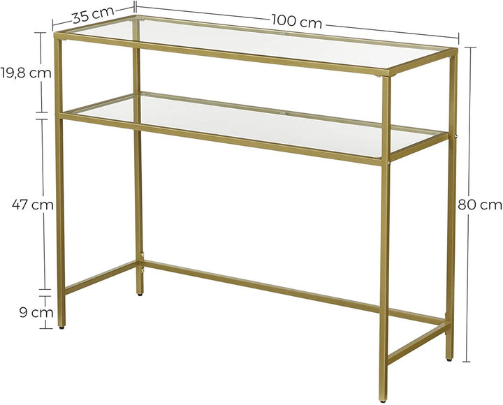 Modern Gold Frame 2 Tier Storage Console Table with Tempered Glass Top 100cm Homecoze