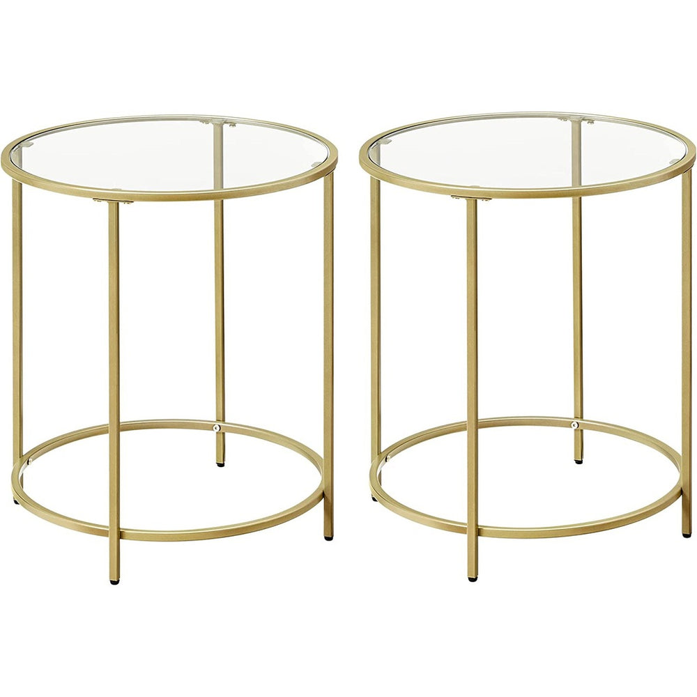 Set of 2 Modern Gold Frame Round Side Tables with Tempered Glass Top Homecoze