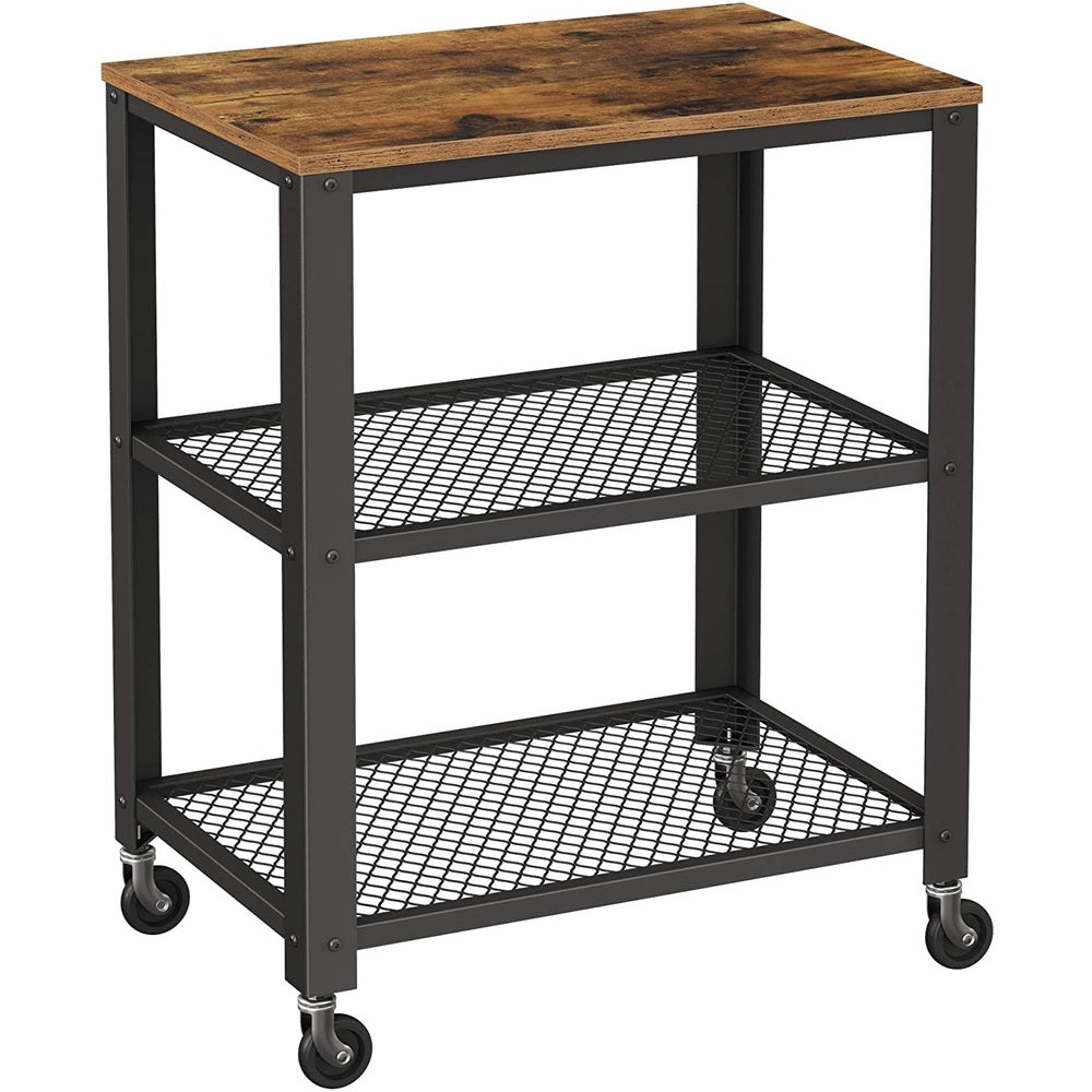 Modern Rustic Series Flat Top Serving Cart Trolley with Mesh Shelves - Rustic Brown Homecoze