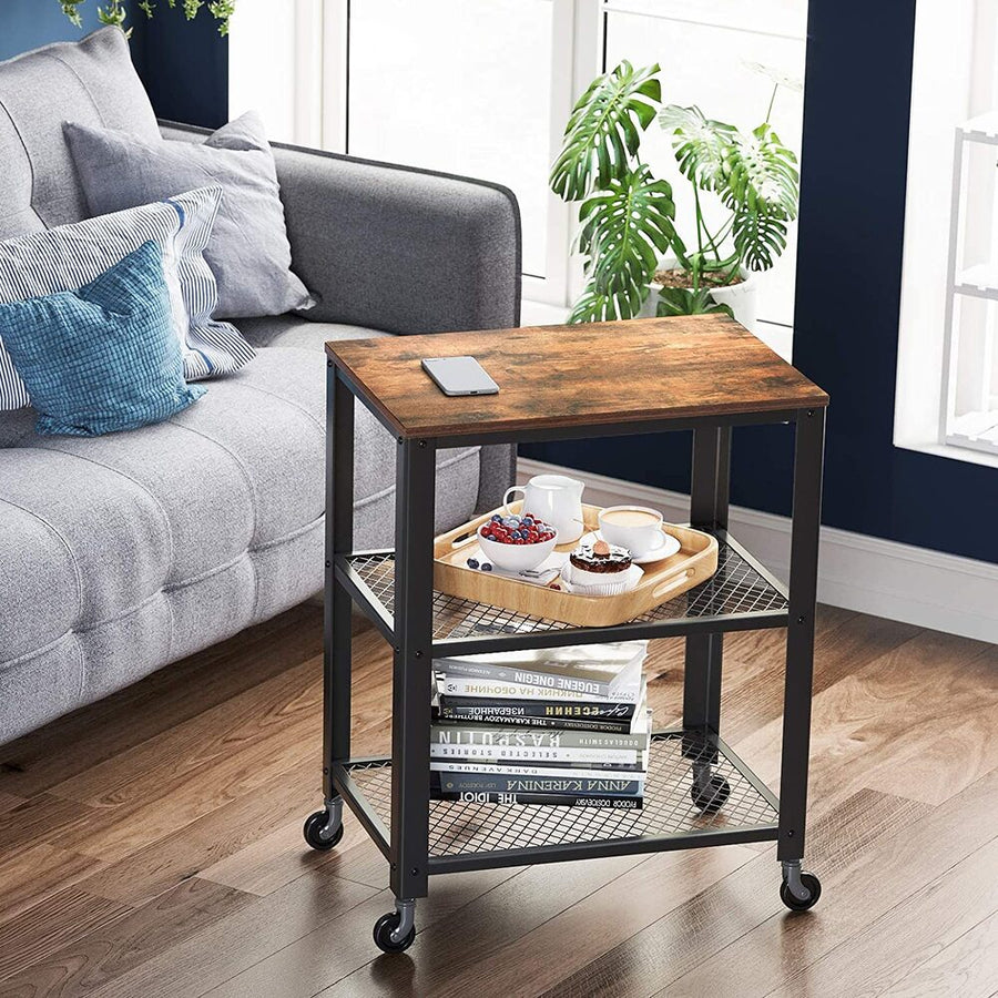 Modern Rustic Series Flat Top Serving Cart Trolley with Mesh Shelves - Rustic Brown Homecoze