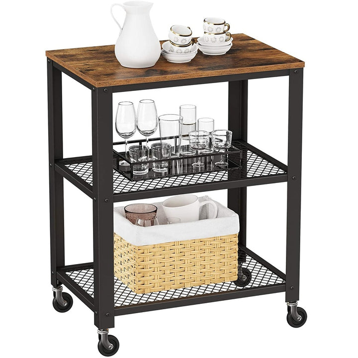 Modern Rustic Series Flat Top Serving Cart Trolley with Mesh Shelves - Rustic Brown Homecoze