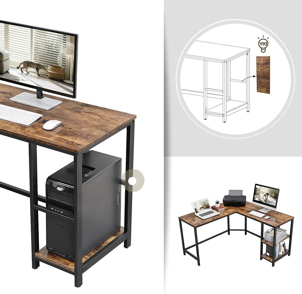 Modern Rustic Series L-Shaped Computer Desk Rustic Brown and Black Homecoze