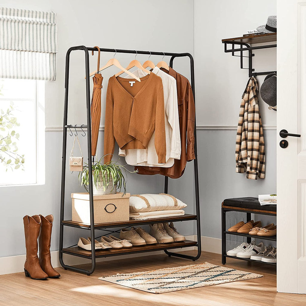 Modern Rustic Series Clothes Garment Rack with 2 Storage Shelves Homecoze